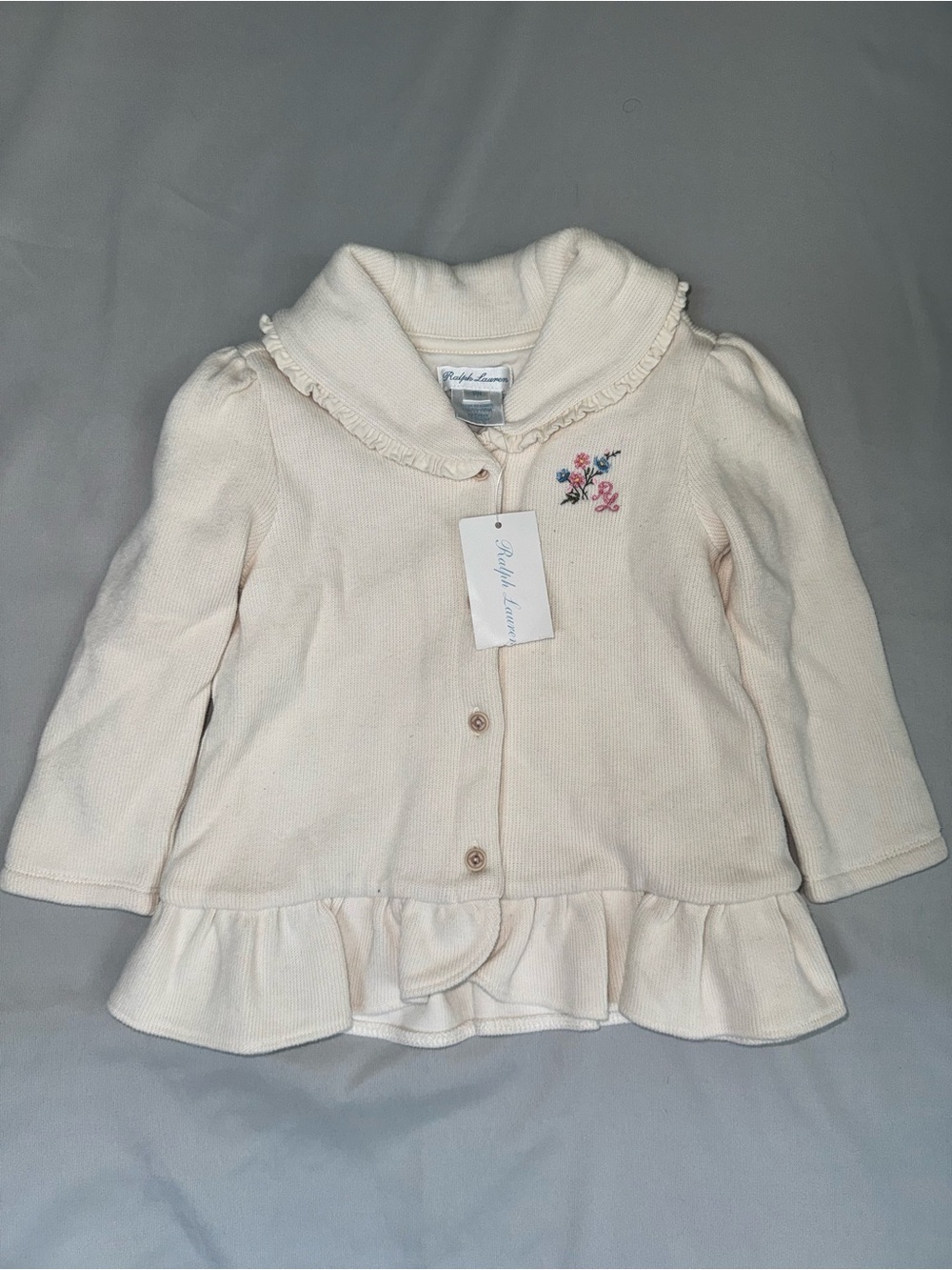 Ralph Lauren Baby Girls Ivory Ruffle Cardigan Sweater 12M Floral Embroidered